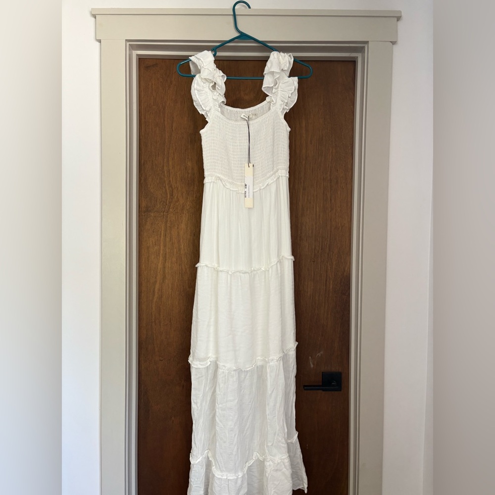 NWT Mustard seed white smocked maxi dress with ruffle sleeve detail size S